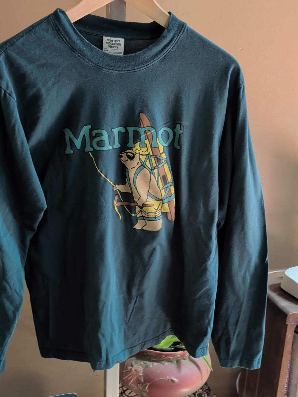 Marmot Teal Long Sleeve Tee with Bear and Surfboard Graphic